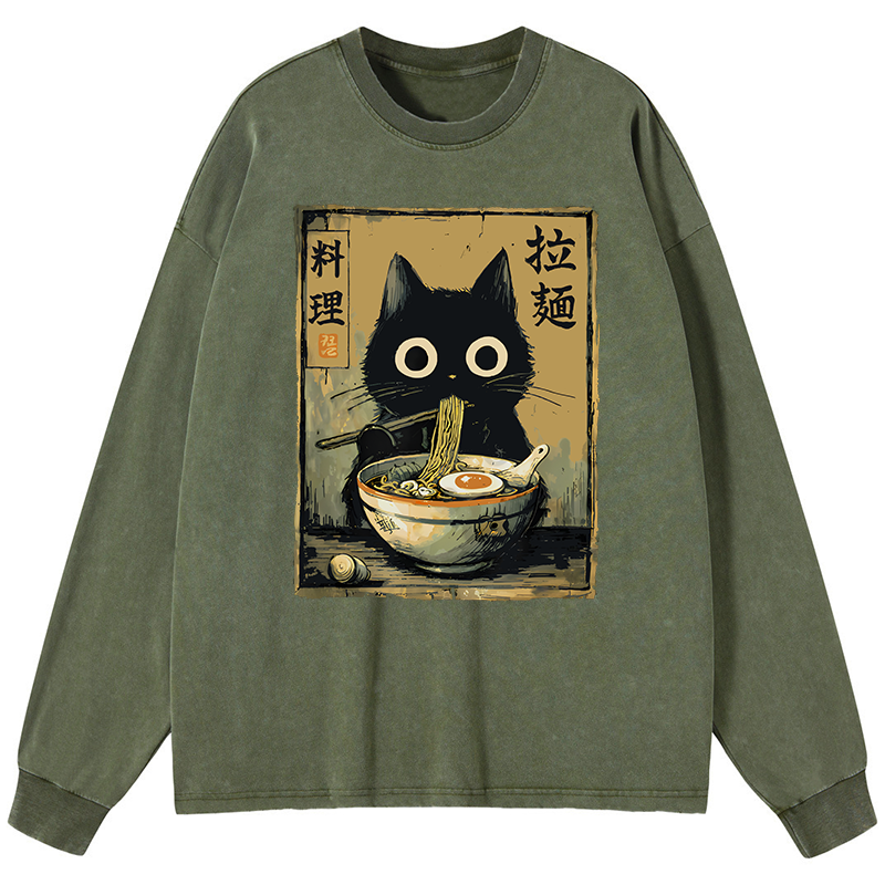 Tokyo-Tiger Cute Black Cat Eating Ramen Japan Washed Long Sleeve T-Shirt