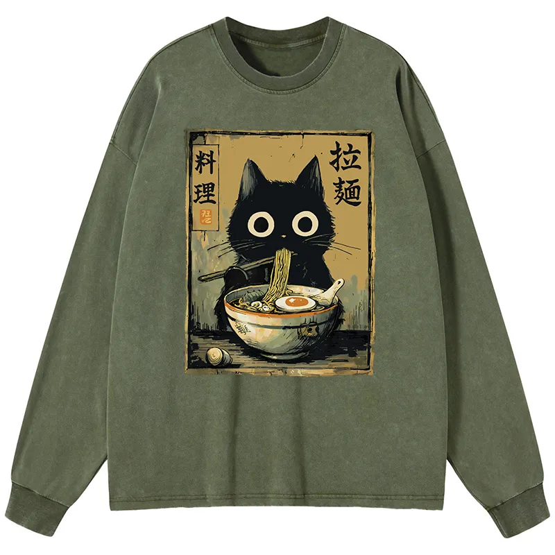 Tokyo-Tiger Cute Black Cat Eating Ramen Japan Washed Long Sleeve T-Shirt