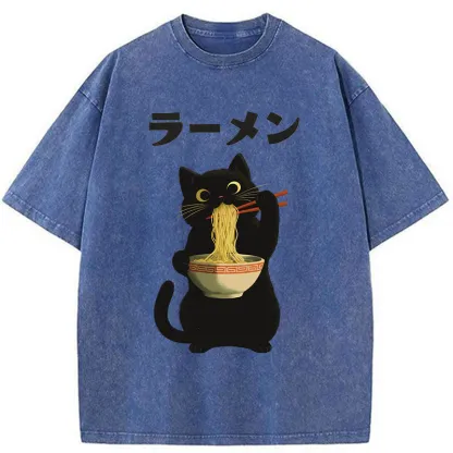 Tokyo-Tiger Black Cat Ate A Large Bowl Of Ramen Washed T-Shirt