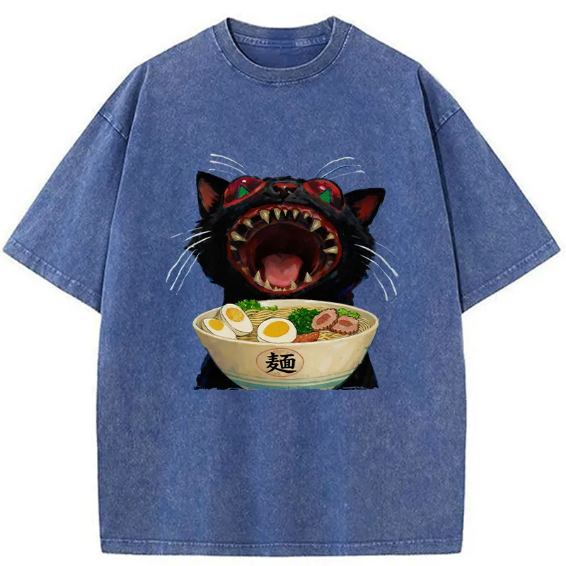 Tokyo-Tiger Black Cat Is Ready To Eat Ramen Washed T-Shirt