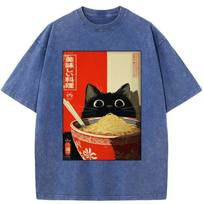 Tokyo-Tiger Cat Eats A Large Portion Of Ramen Washed T-Shirt