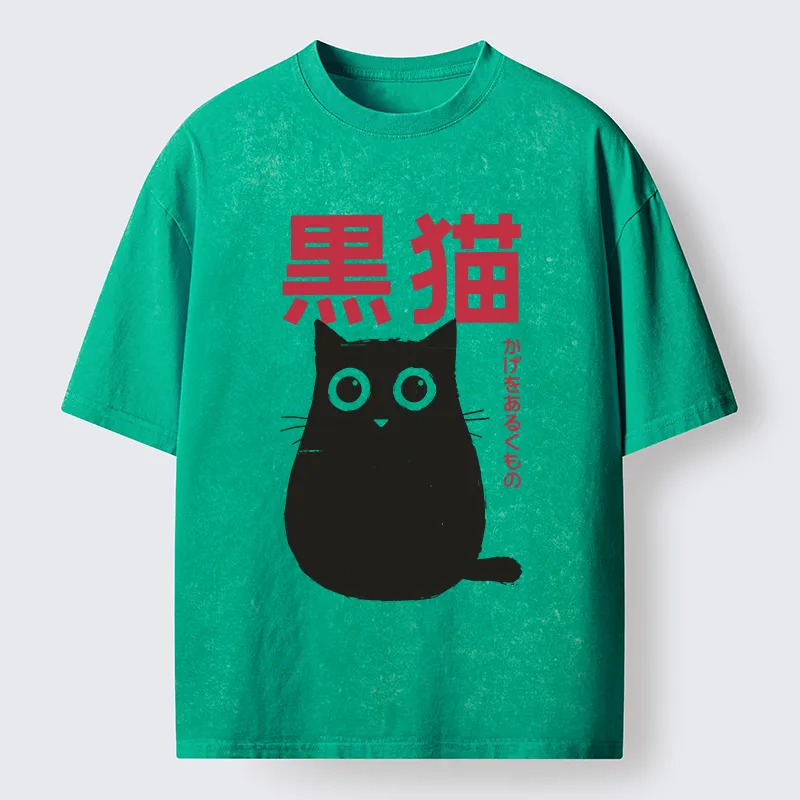 Tokyo-Tiger Round Black Cat Washed T-Shirt
