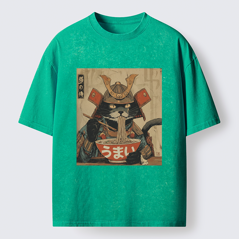 Tokyo-Tiger Cat Japanese Samurai Eating Ramen Washed T-Shirt