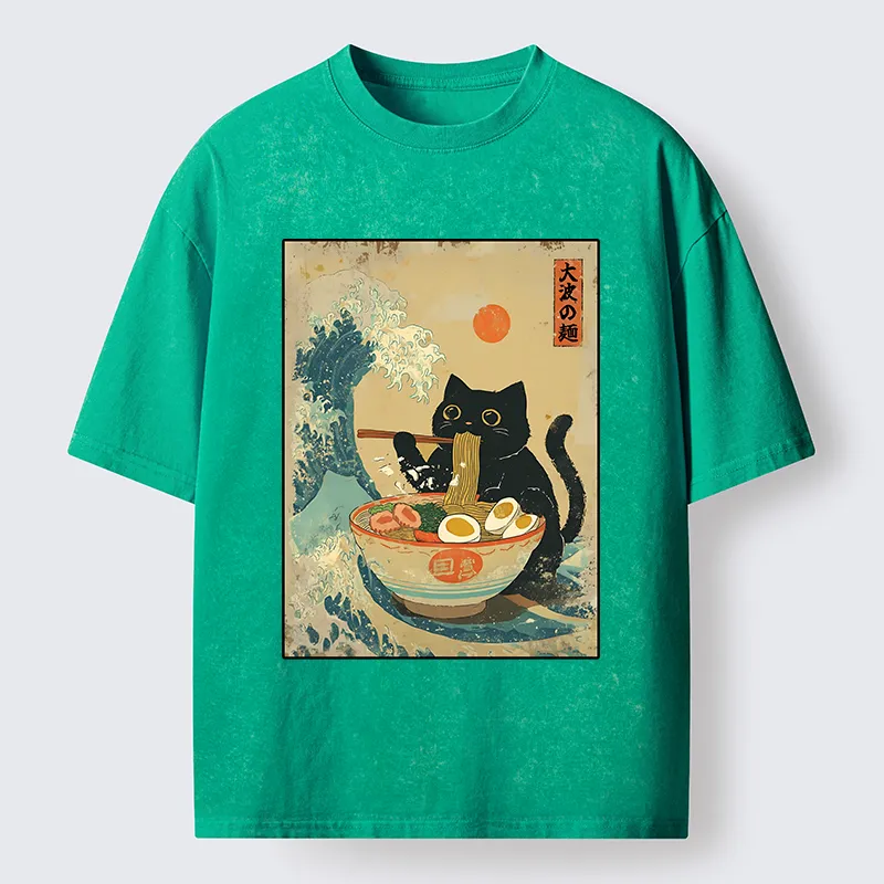 Tokyo-Tiger Cat Eats A Large Portion Of Ramen Washed T-Shirt