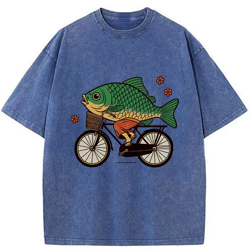 Tokyo-Tiger Funny Fish Riding A Bicycle Washed T-Shirt