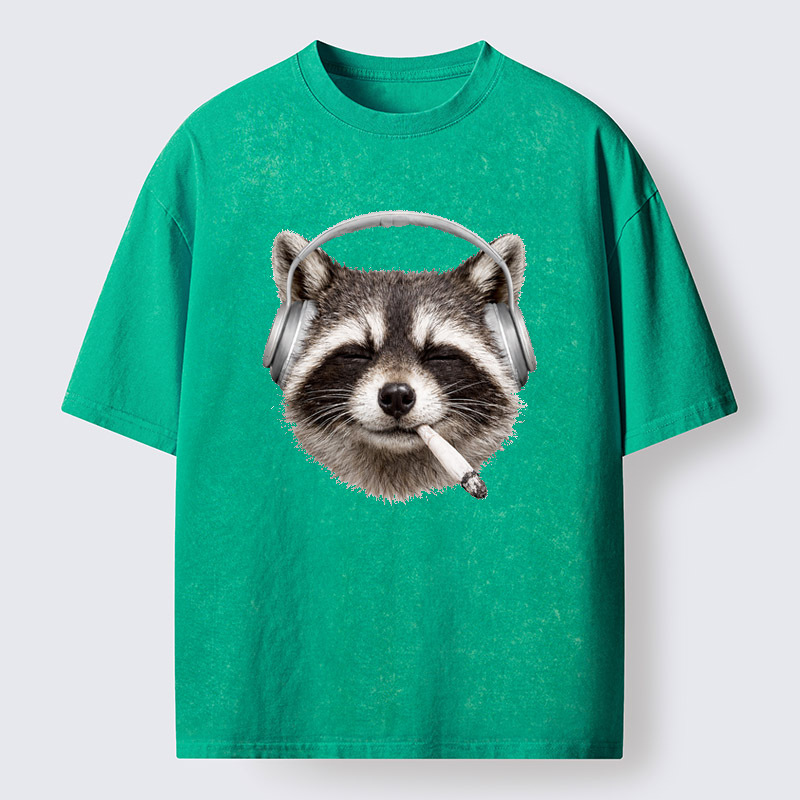 Tokyo-Tiger Raccoon Listening To Music Now Washed T-Shirt