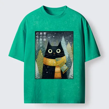 Tokyo-Tiger Black Cat With Green Eyes Washed T-Shirt