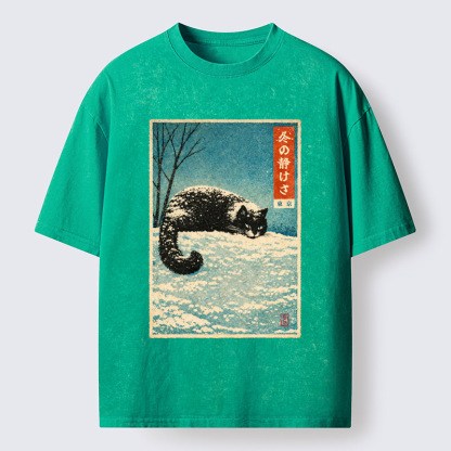 Tokyo-Tiger A Cat In Winter Silence Washed T-Shirt