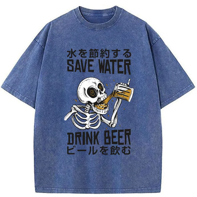 Tokyo-Tiger Save Water Drink Beer Washed T-Shirt