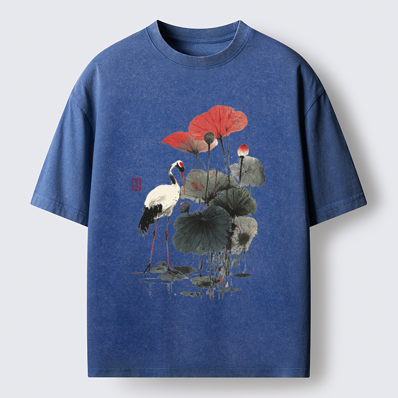 Tokyo-Tiger White Crane Among Lotus Washed T-Shirt
