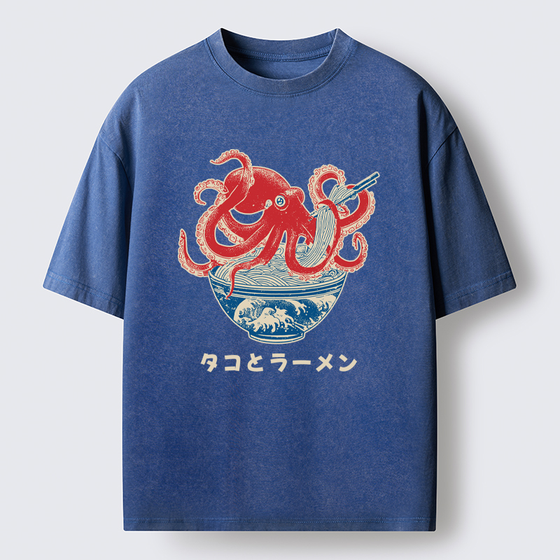 Tokyo-Tiger Octopus Eating Ramen Washed T-Shirt