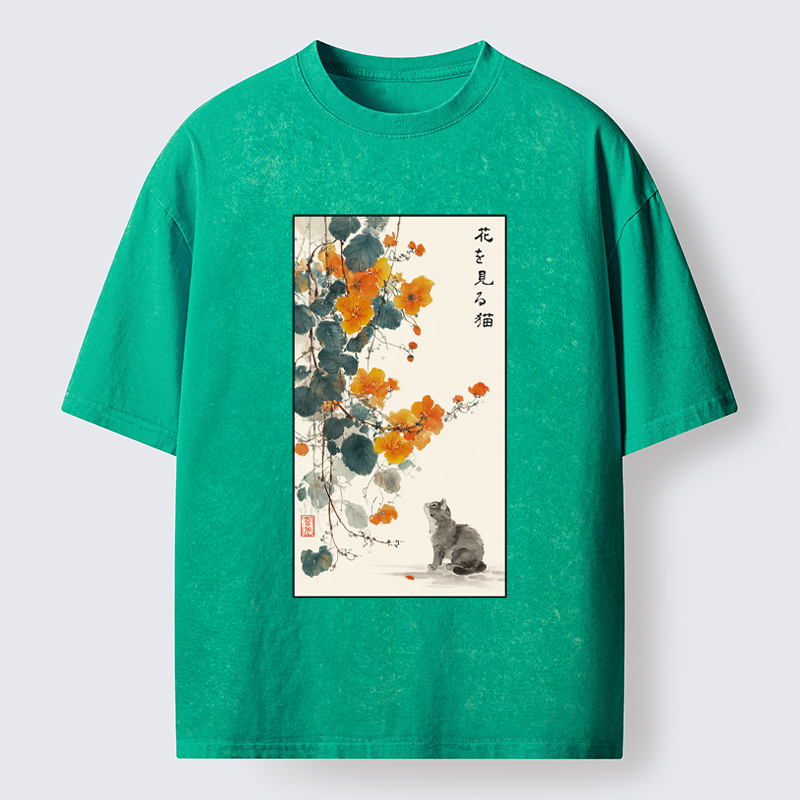 Tokyo-Tiger A Cat Watching Flowers Washed T-Shirt