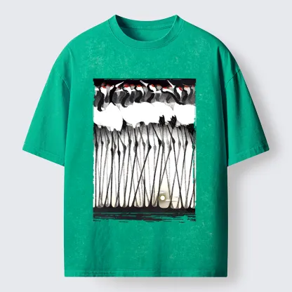 Tokyo-Tiger Crane Flock Ancient Painting Washed T-Shirt