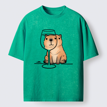 Tokyo-Tiger Capybara With A Glass Washed T-Shirt