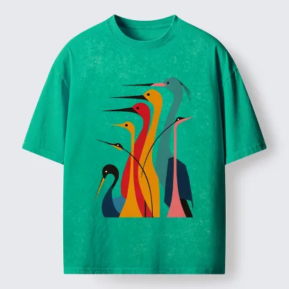 Tokyo-Tiger Various Types Of Cranes Washed T-Shirt