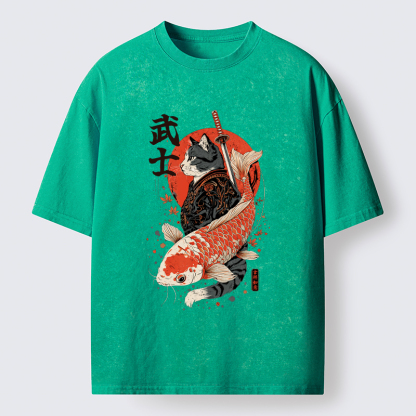 Tokyo-Tiger Samurai Cat And Koi Washed T-Shirt