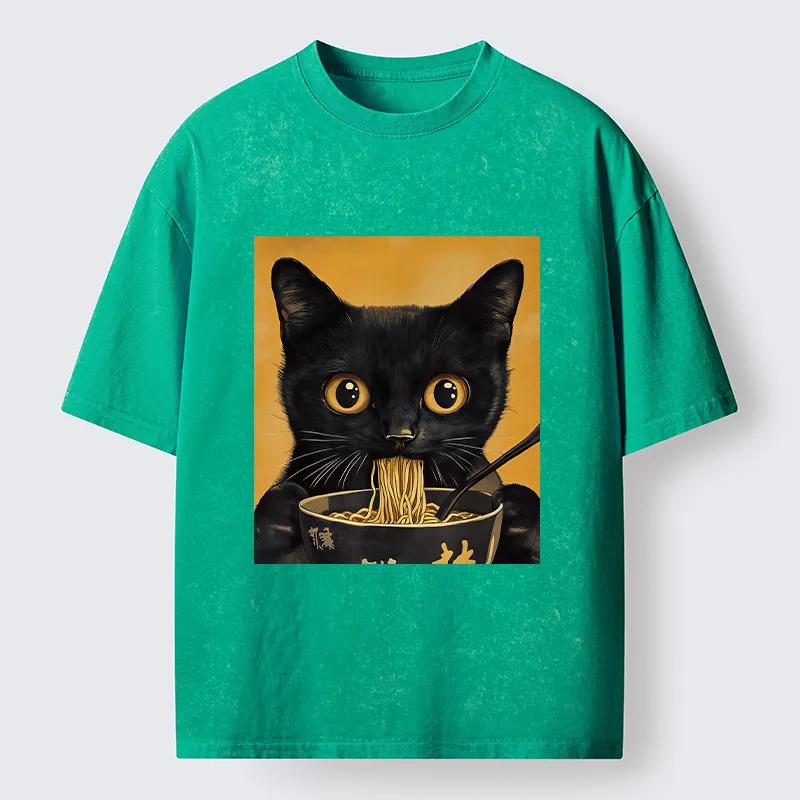 Tokyo-Tiger Cute Black Cat Eating A Big Bowl Of Ramen Washed T-Shirt