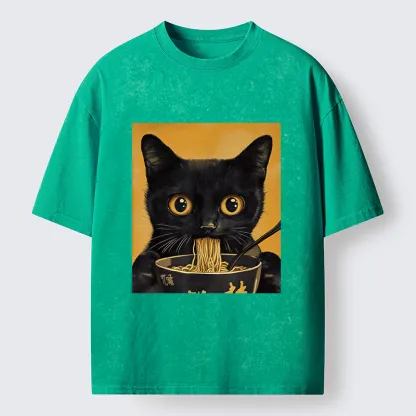 Tokyo-Tiger Cute Black Cat Eating A Big Bowl Of Ramen Washed T-Shirt