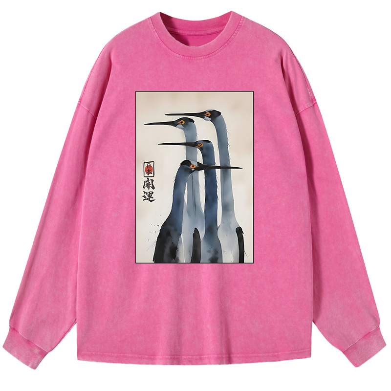 Tokyo-Tiger Retro Sandhill Crane Washed Long Sleeve T-Shirt