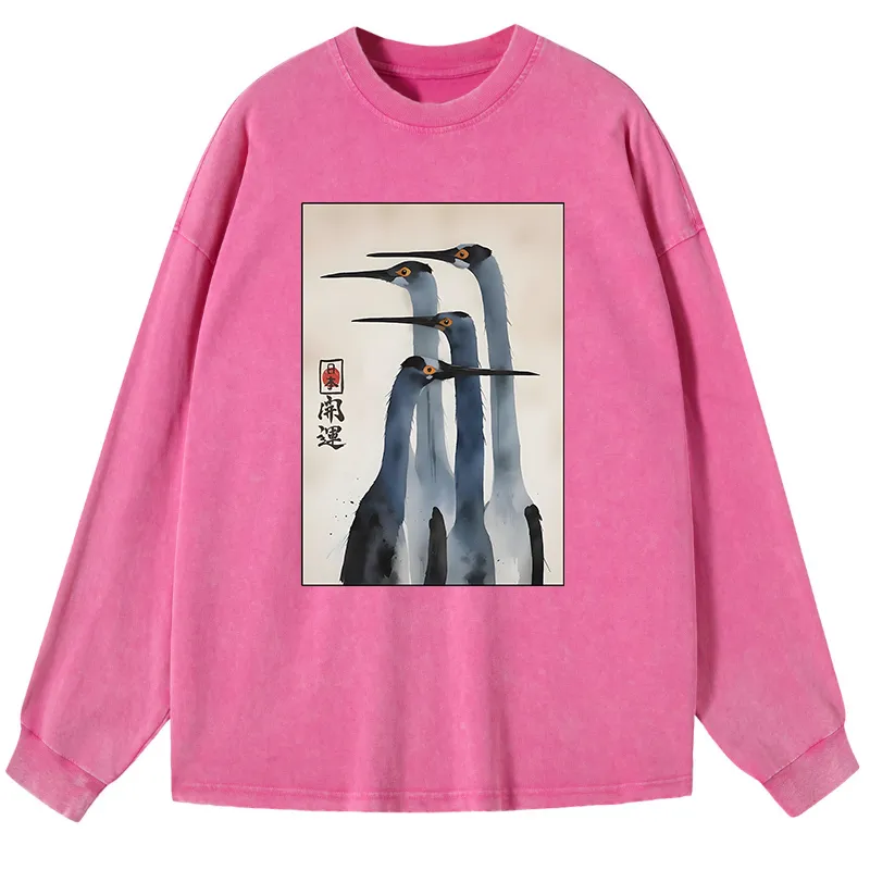 Tokyo-Tiger Retro Sandhill Crane Washed Long Sleeve T-Shirt