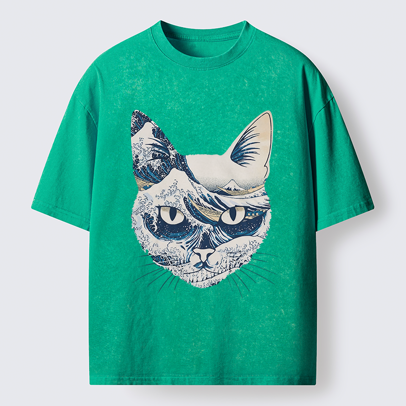 Tokyo-Tiger Ukiyo-e Waves And Cats Washed T-Shirt