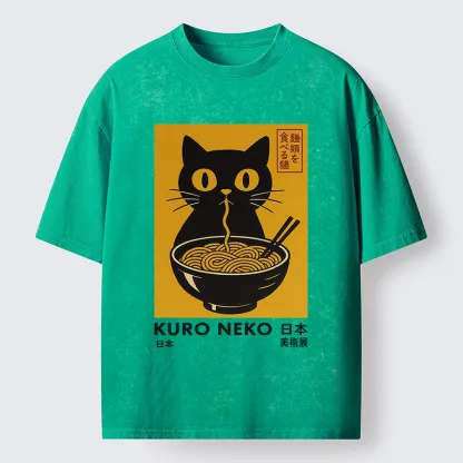 Tokyo-Tiger Cat Eating Ramen Poster Washed T-Shirt