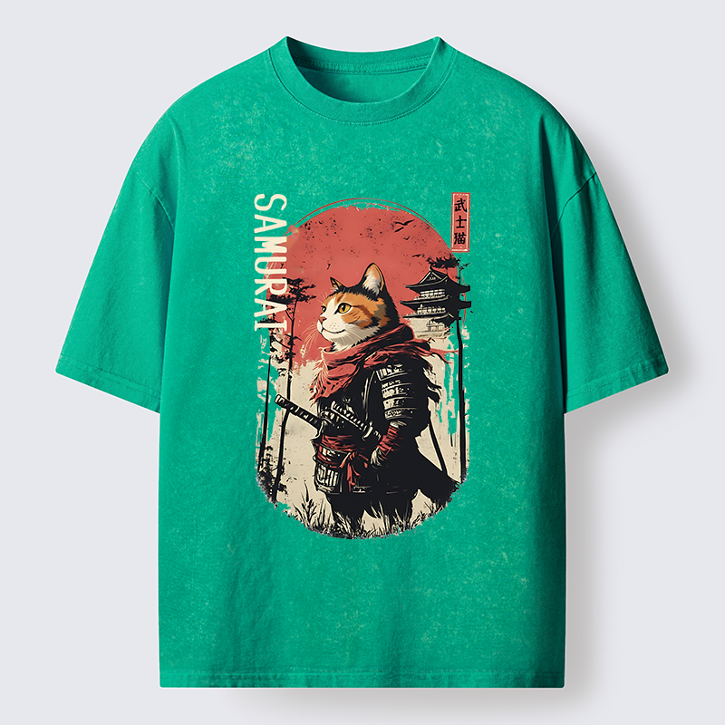 Tokyo-Tiger Lonely Cat Japanese Samurai Washed T-Shirt