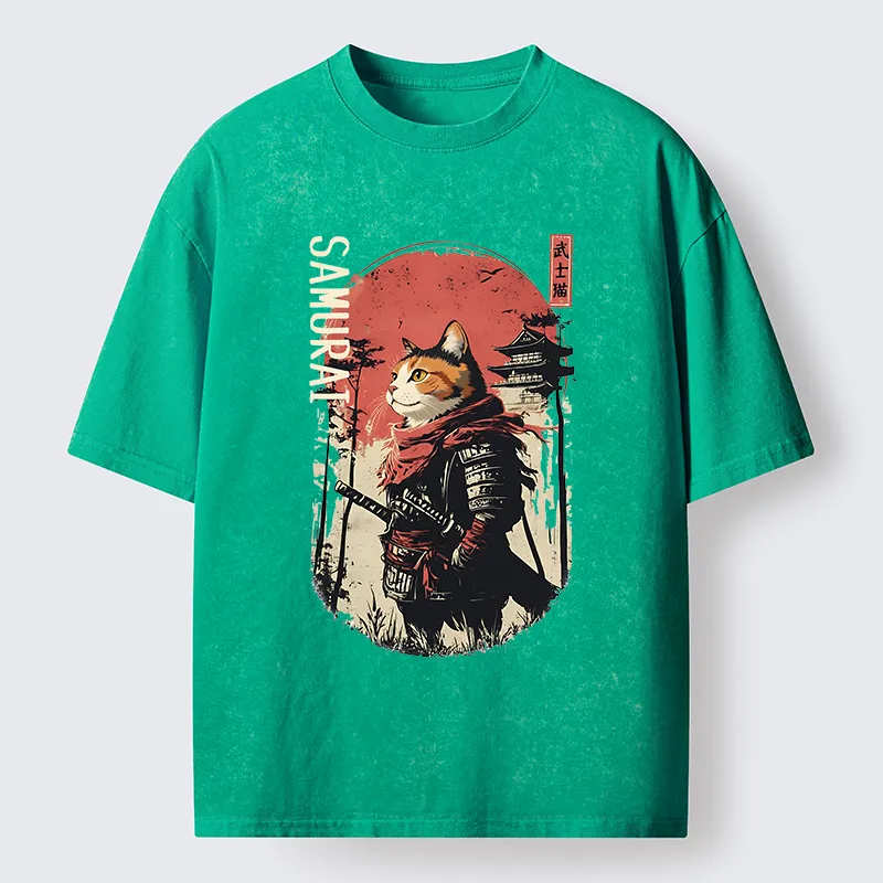 Tokyo-Tiger Lonely Cat Japanese Samurai Washed T-Shirt