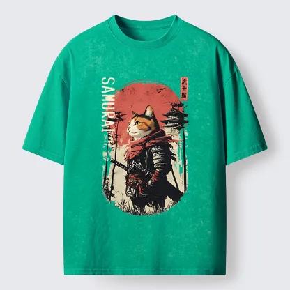 Tokyo-Tiger Lonely Cat Japanese Samurai Washed T-Shirt