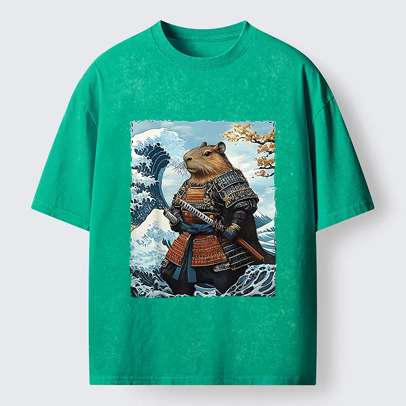 Tokyo-Tiger Capybara Japanese Samurai  And Waves Washed T-Shirt