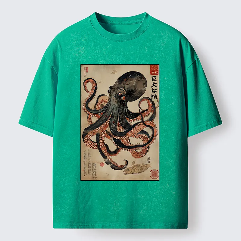 Tokyo-Tiger Retro Octopus Painting Washed T-Shirt