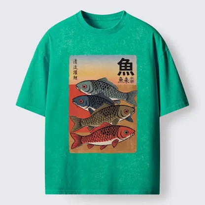 Tokyo-Tiger Retro Fish Poster Washed T-Shirt