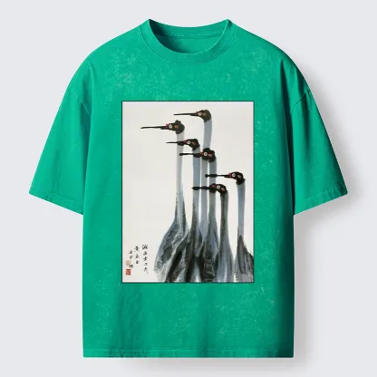 Tokyo-Tiger Retro Crane Painting Washed T-Shirt