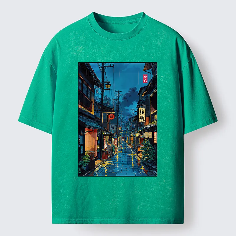 Tokyo-Tiger Japanese Teahouse Street Scene Washed T-Shirt