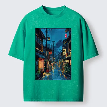 Tokyo-Tiger Japanese Teahouse Street Scene Washed T-Shirt