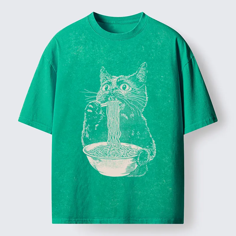 Tokyo-Tiger Black Cat Eats A Large Portion Of Ramen Washed T-Shirt