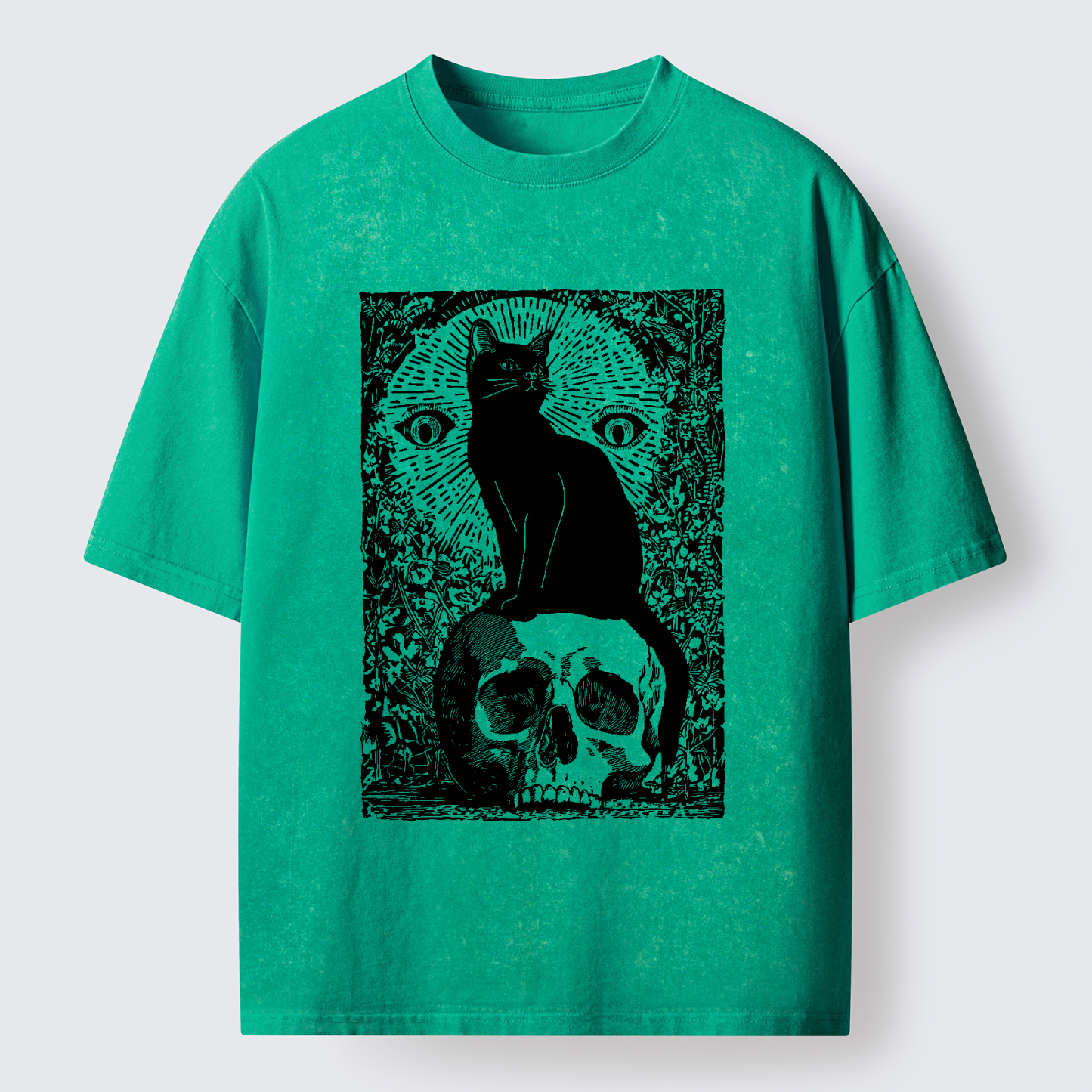 Tokyo-Tiger Black Cat Sitting On the Skull Washed T-Shirt