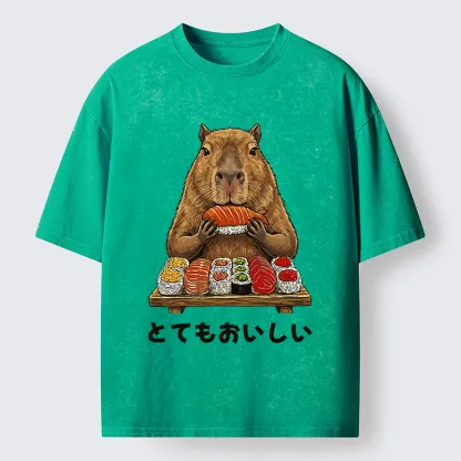 Tokyo-Tiger Capybaras Eat Sushi Washed T-Shirt