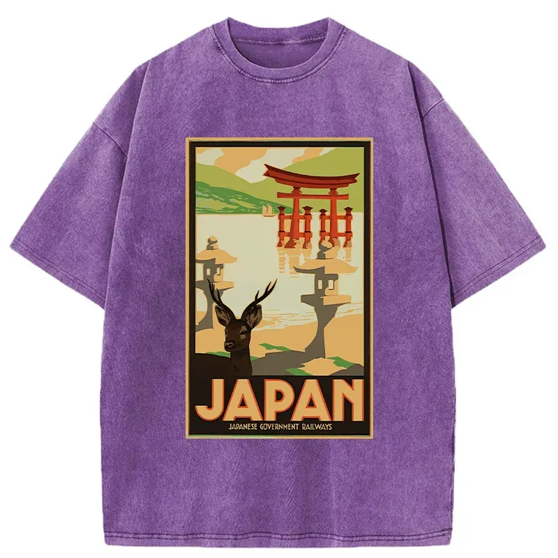 Tokyo-Tiger Japanese Deer And Scenery Washed T-Shirt