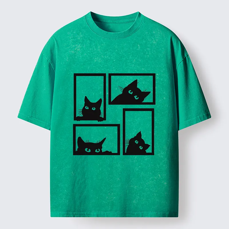 Tokyo-Tiger Cats In The Grid Washed T-Shirt