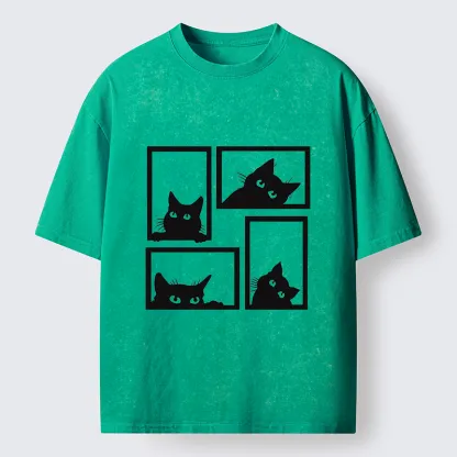 Tokyo-Tiger Cats In The Grid Washed T-Shirt