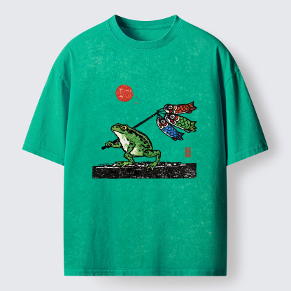Tokyo-Tiger The Frog Carrying Carp Flags Washed T-Shirt