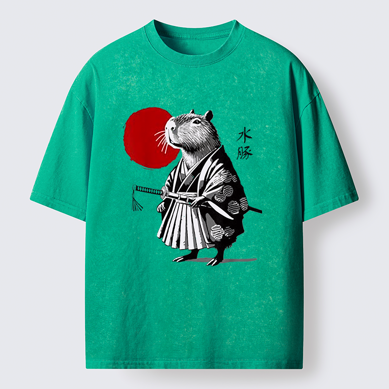 Tokyo-Tiger Capybara Samurai And Sun Washed T-Shirt