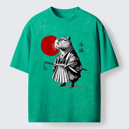 Tokyo-Tiger Capybara Samurai And Sun Washed T-Shirt