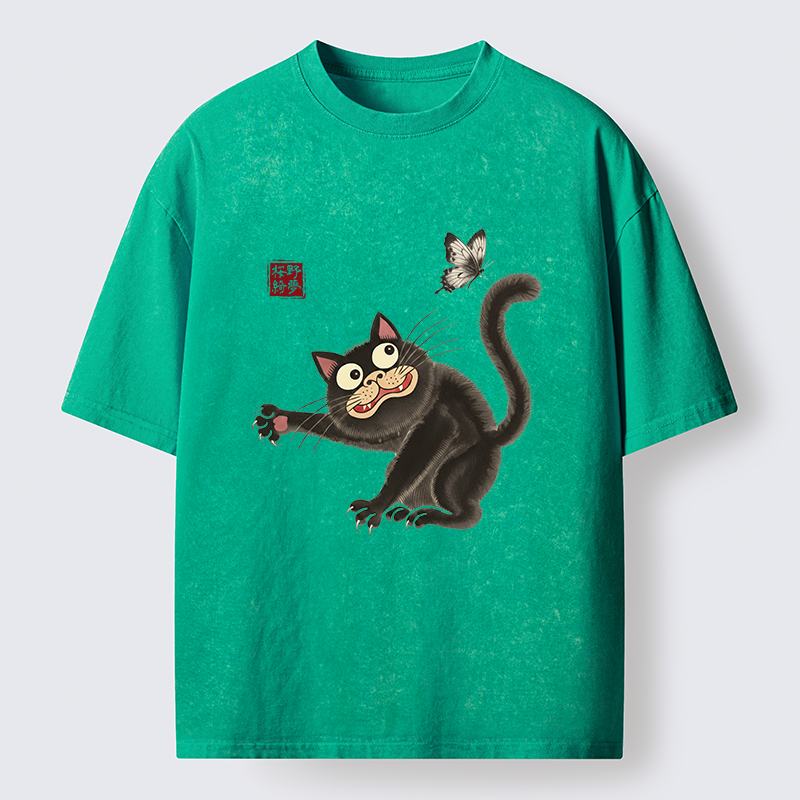 Tokyo-Tiger Cat Catching Butterflies Washed T-Shirt