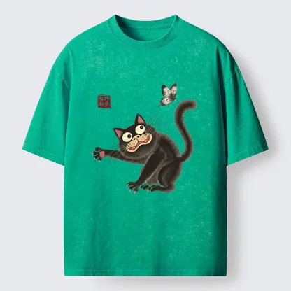 Tokyo-Tiger Cat Catching Butterflies Washed T-Shirt
