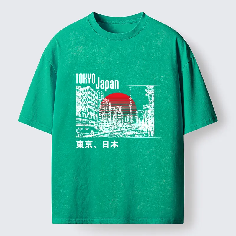 Tokyo-Tiger Bustling Street Scene In Japan Washed T-Shirt