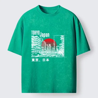 Tokyo-Tiger Bustling Street Scene In Japan Washed T-Shirt