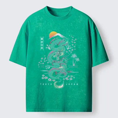 Tokyo-Tiger Retro Japanese Dragon Washed T-Shirt