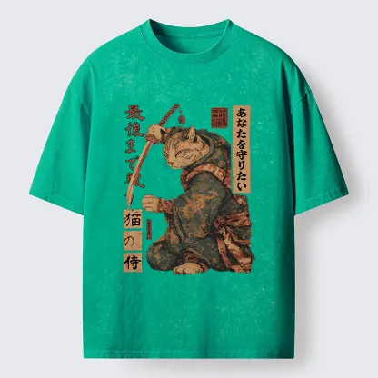 Tokyo-Tiger Retro Cat Japanese Samurai Washed T-Shirt
